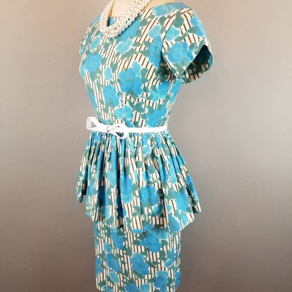 Vintage 1950's Blue Green Roses Striped Background Wiggle Dress with Peplum - Picture 7 of 12